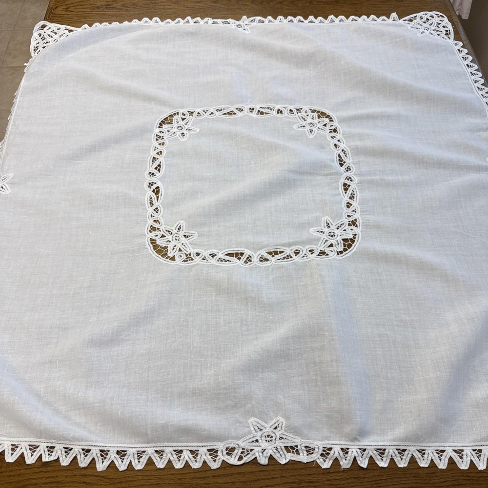 Vintage Battenburg Lace Topper Tablecloth 41" Square Linen Two light Spots